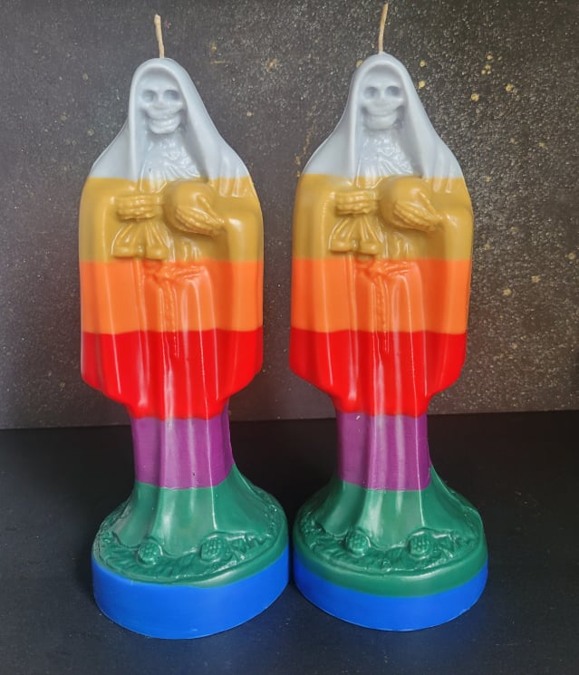 Santa Muerte Traditional Candle LG. RAINBOW